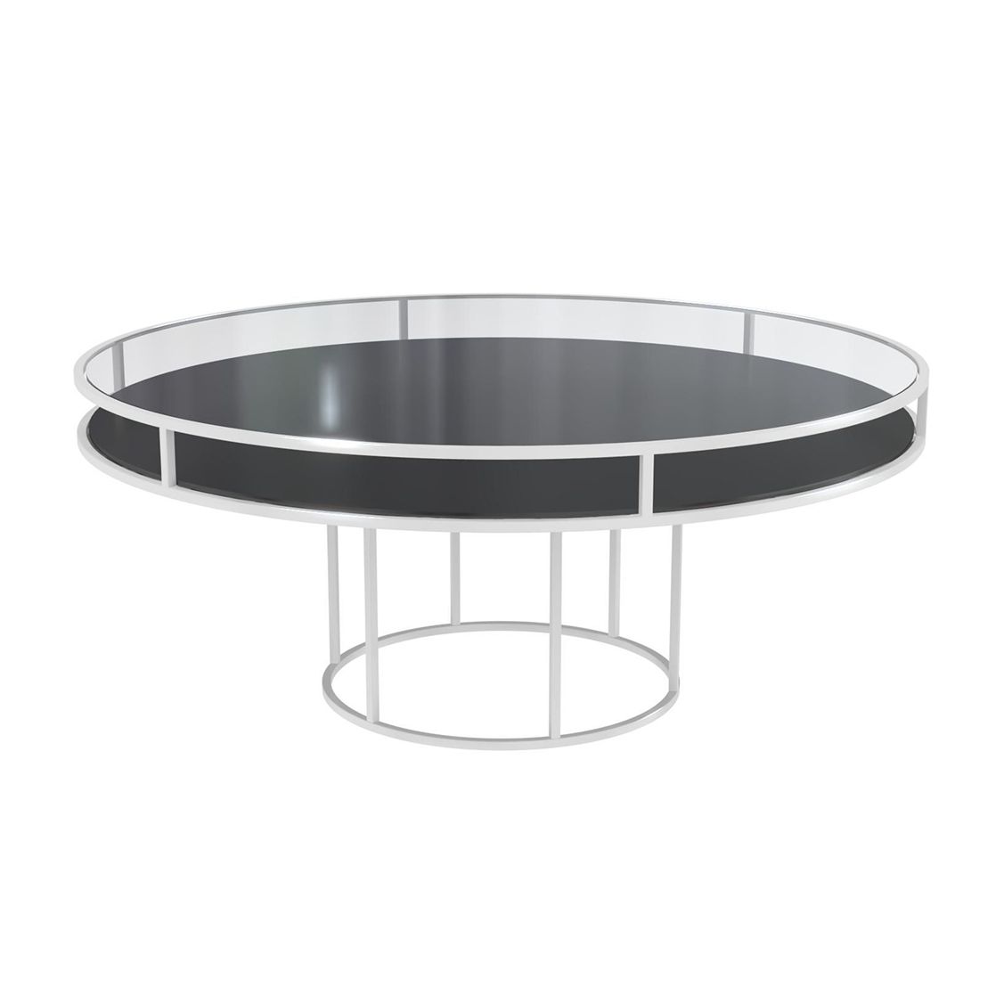 White round CORNELL table with black plastic shelve and clear glass top