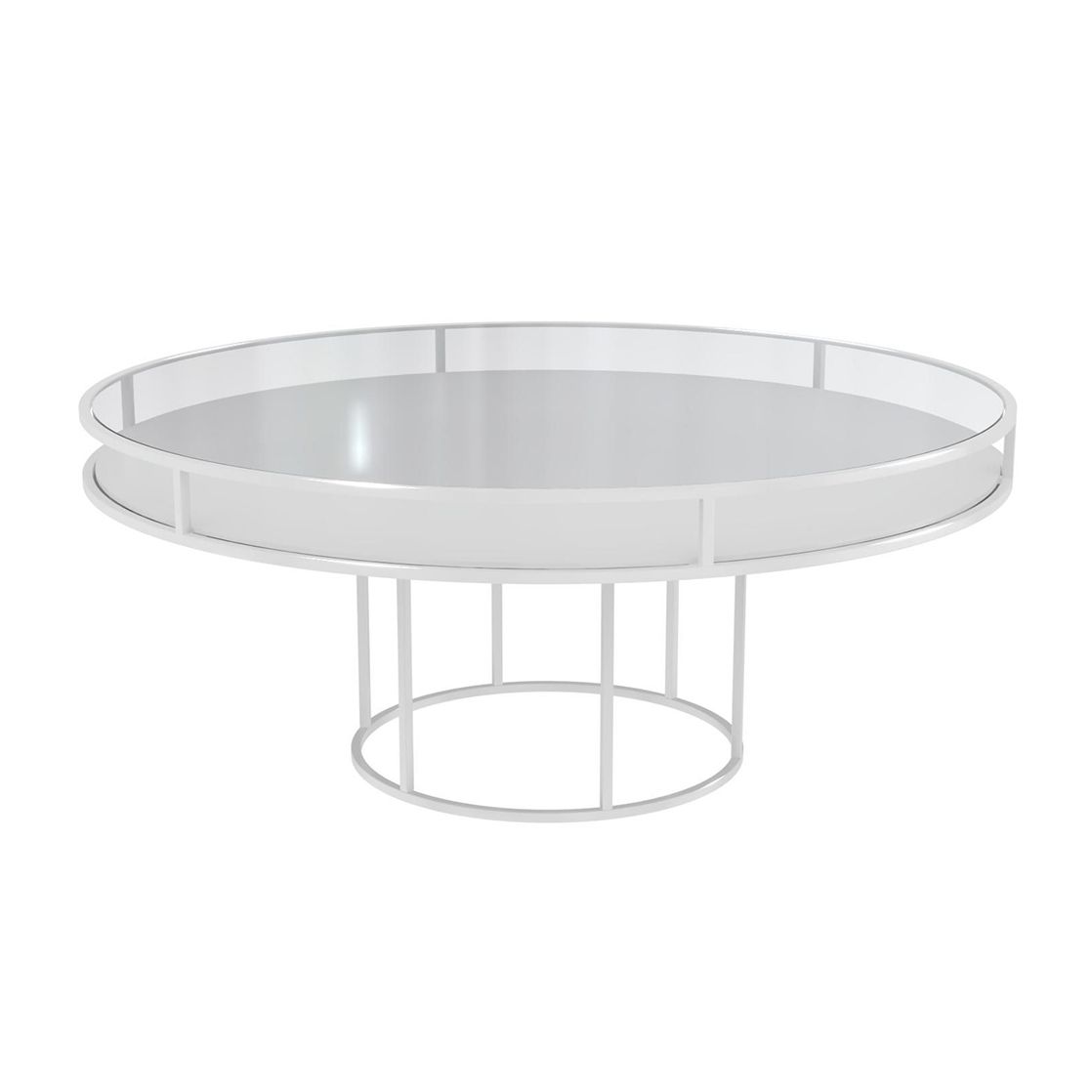 White round CORNELL table with white plastic shelve and clear glass top
