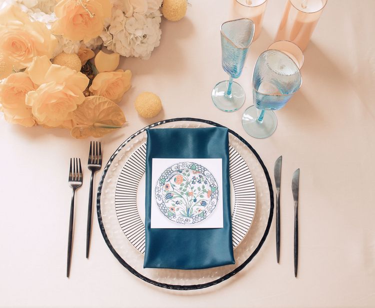 Beige table setting with blue accents