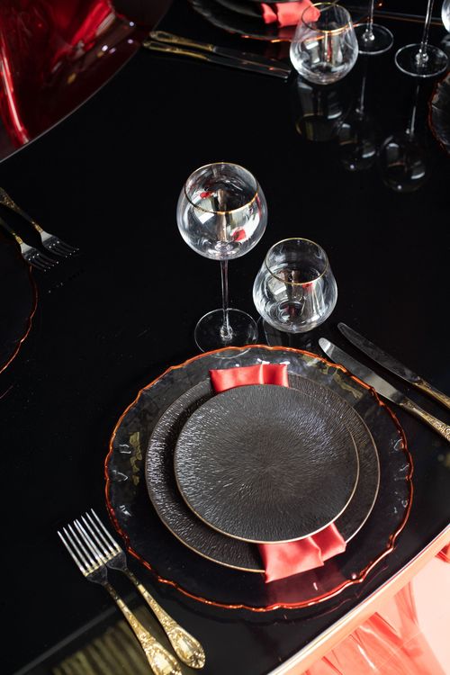 Black-Glass Serpentine, Red Panton, Charger with Red Rim