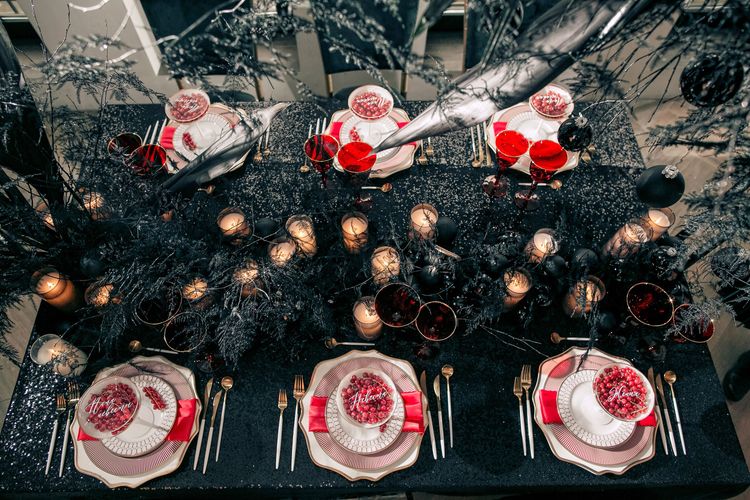 Black-Sequin Rectangular Table — Berries, Red Highlights, Candles
