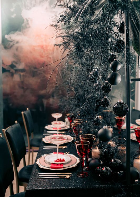 Black-Sequin Rectangular Table — Berries, Red Highlights, Candles