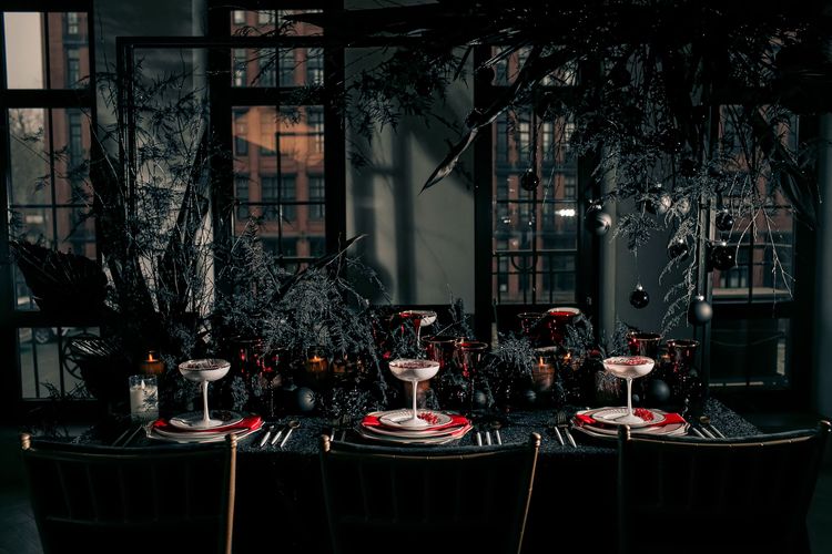Black-Sequin Rectangular Table — Berries, Red Highlights, Candles