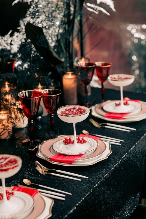 Black-Sequin Rectangular Table — Berries, Red Highlights, Candles