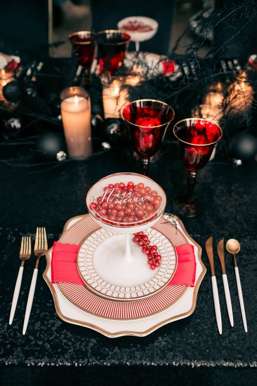 Black-Sequin Rectangular Table — Berries, Red Highlights, Candles