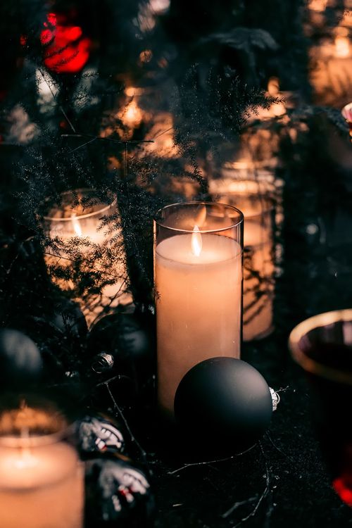 Black-Sequin Rectangular Table — Berries, Red Highlights, Candles