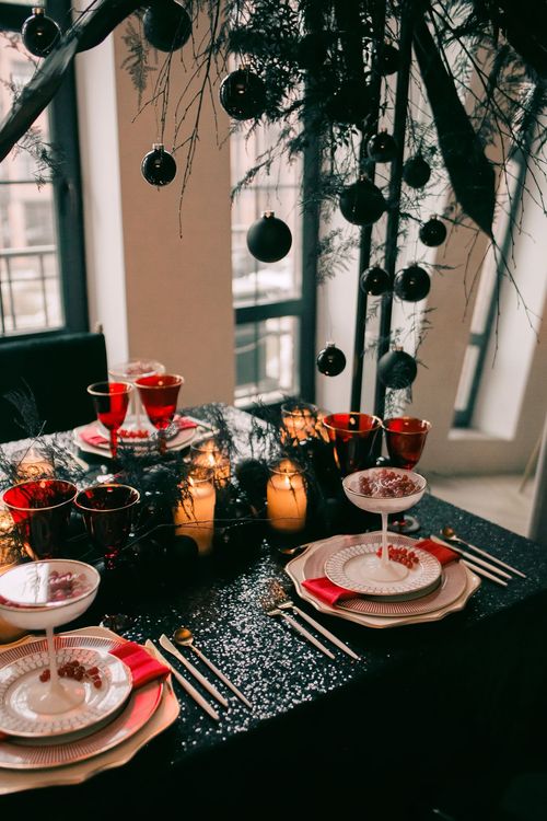 Black-Sequin Rectangular Table — Berries, Red Highlights, Candles