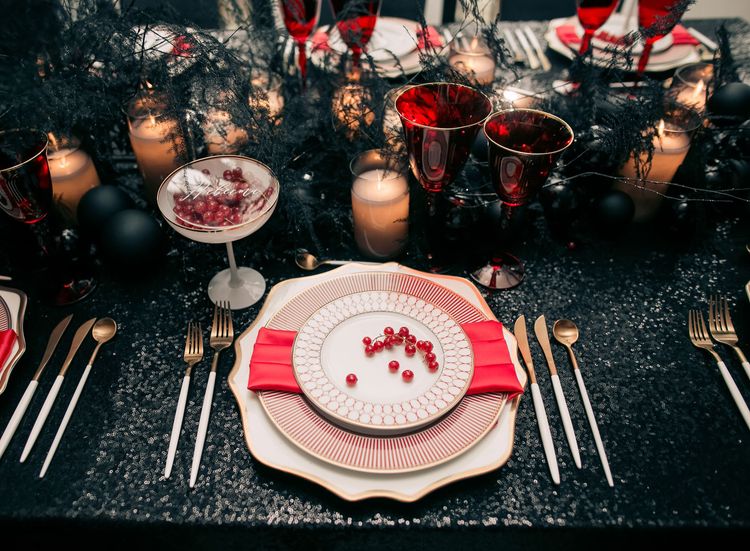 Black-Sequin Rectangular Table — Berries, Red Highlights, Candles