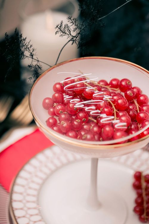 Black-Sequin Rectangular Table — Berries, Red Highlights, Candles