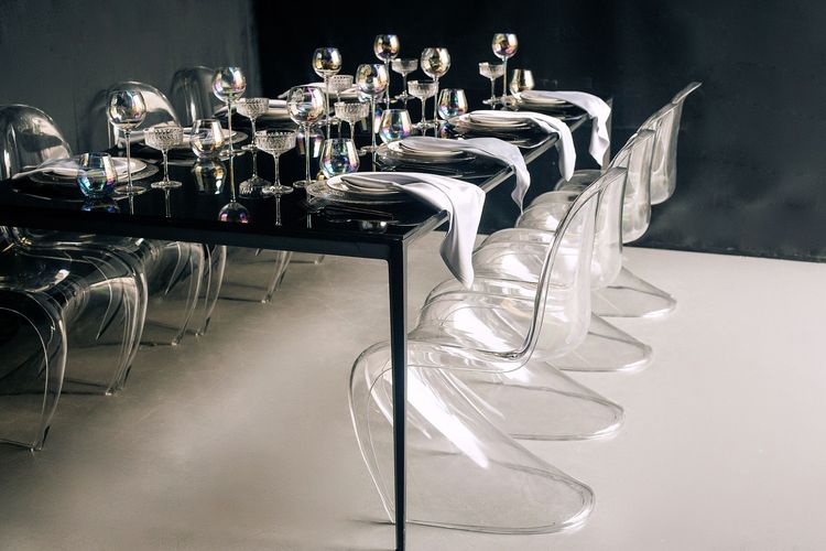 Black-white table setting at rectangular table