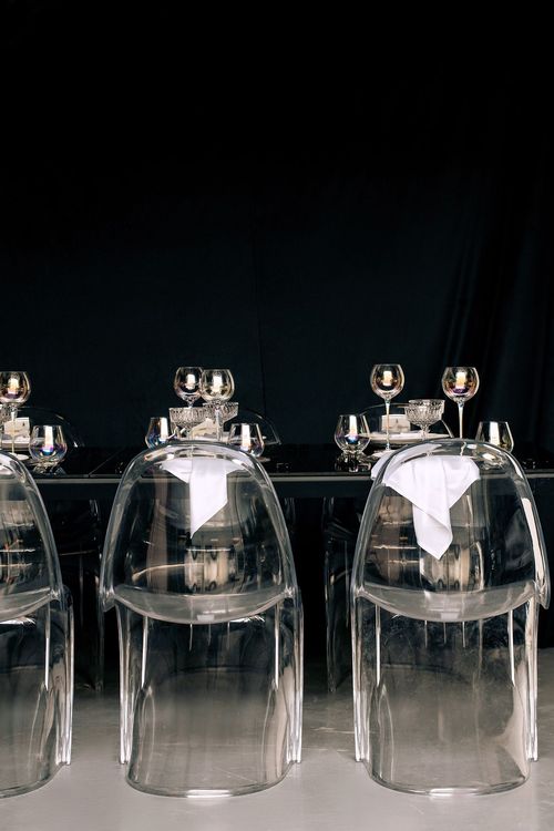 Black-white table setting at rectangular table