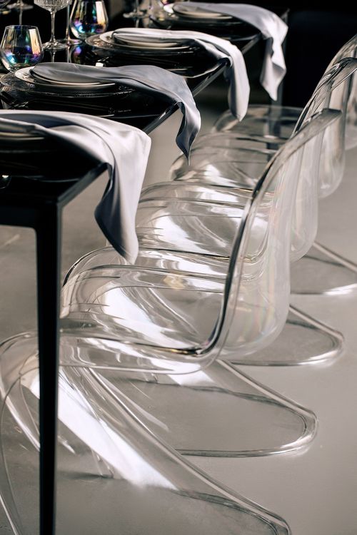 Black-white table setting at rectangular table