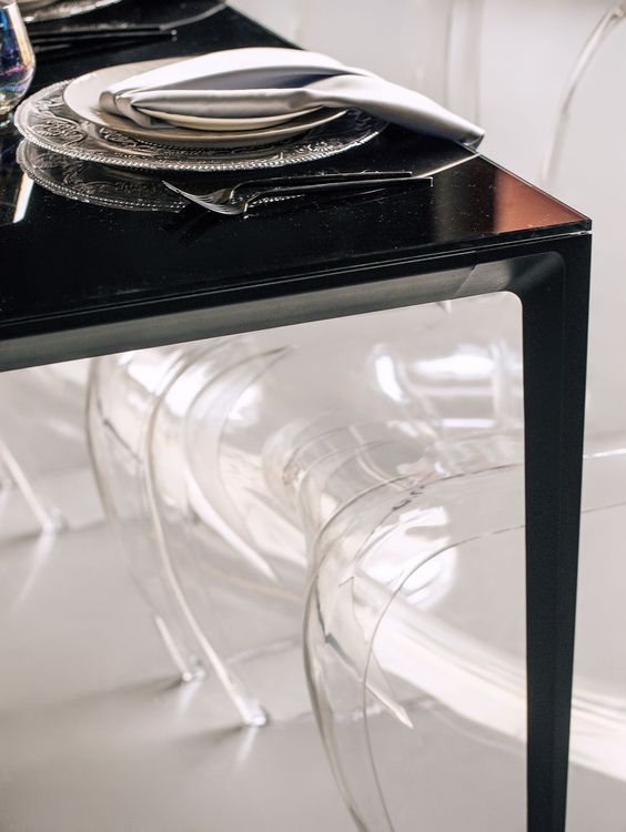 Black-white table setting at rectangular table
