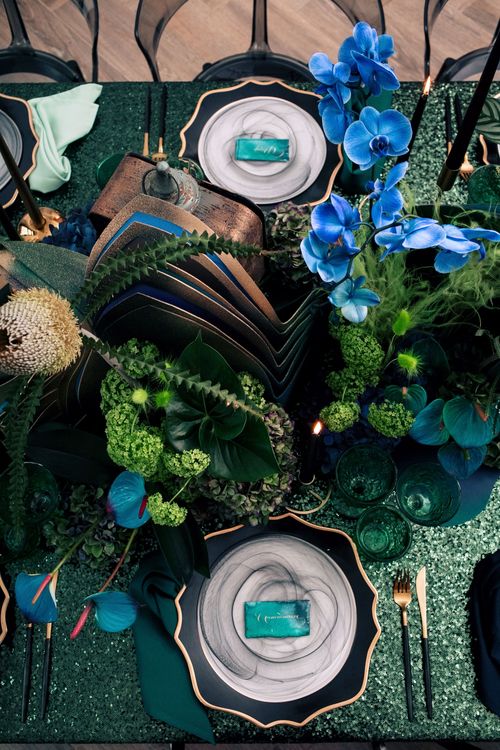 Blue-Green Sequin Gleam — Rectangular Tablescape