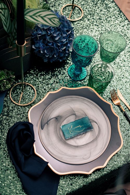 Blue-Green Sequin Gleam — Rectangular Tablescape