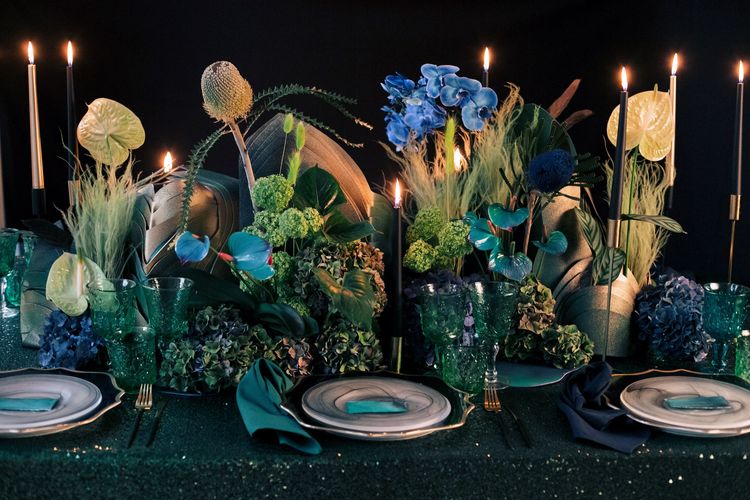 Blue-Green Sequin Gleam — Rectangular Tablescape