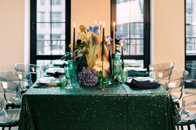 Blue-Green Sequin Gleam — Rectangular Tablescape