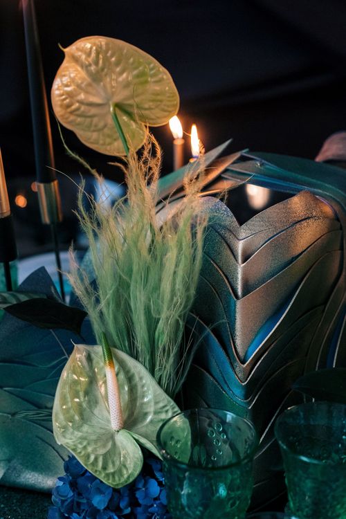 Blue-Green Sequin Gleam — Rectangular Tablescape