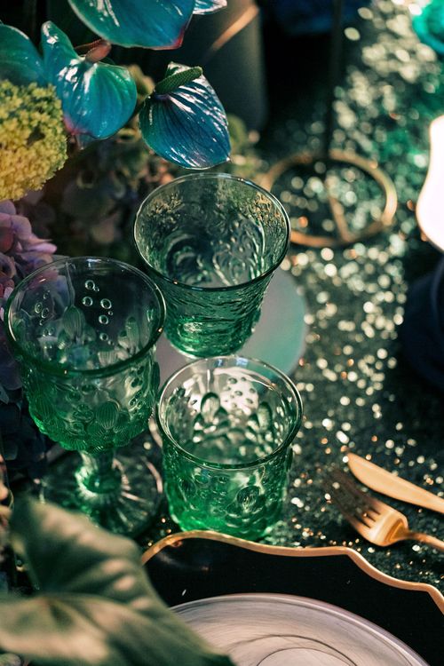 Blue-Green Sequin Gleam — Rectangular Tablescape