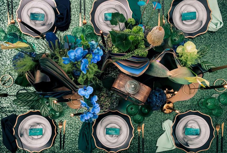 Blue-Green Sequin Gleam — Rectangular Tablescape