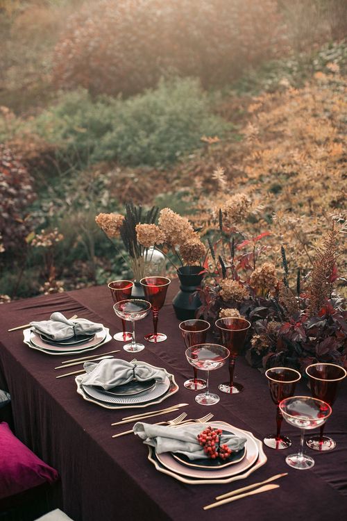 Burgundy outdoor table setting