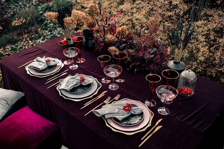 Burgundy outdoor table setting