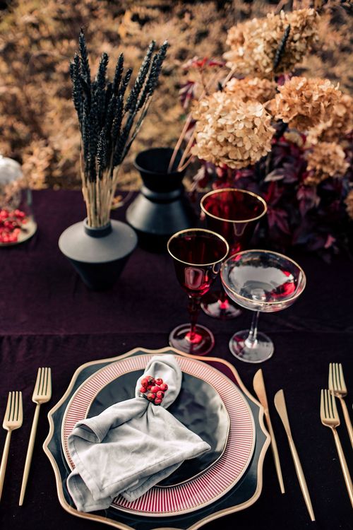 Burgundy outdoor table setting