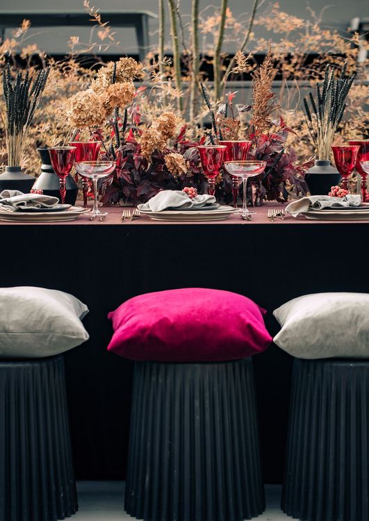 Burgundy outdoor table setting