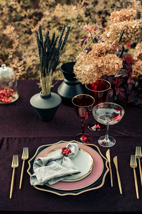 Burgundy outdoor table setting