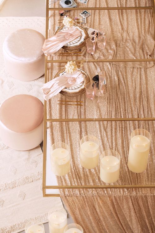 Candlelit Duo — Sequin Table, Cozy Poufs, “Titanic”