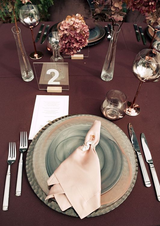 Chocolate table setting at rectangular table