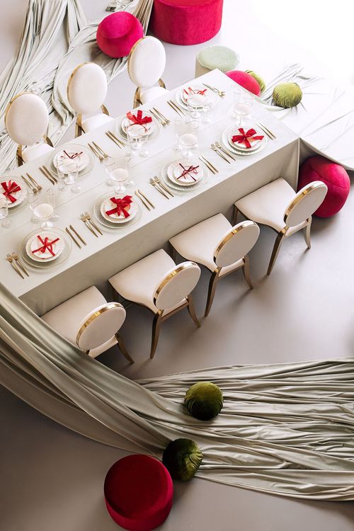 Clean New Year Setting — Drapery, Velvet, Red Bow