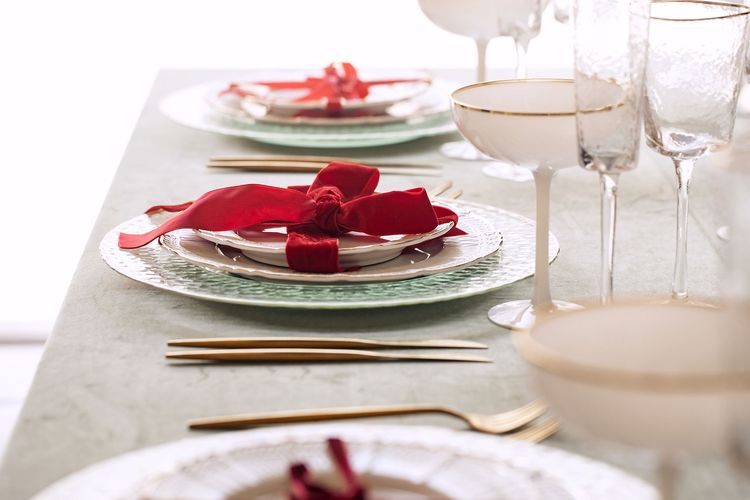 Clean New Year Setting — Drapery, Velvet, Red Bow