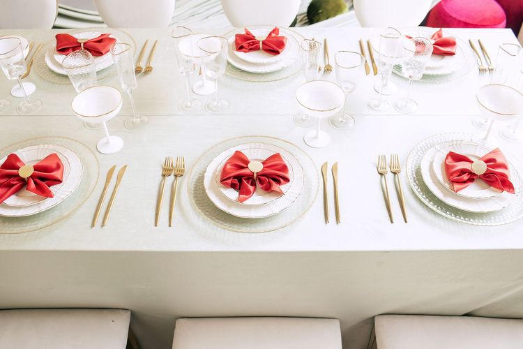 Clean New Year Setting — Drapery, Velvet, Red Bow