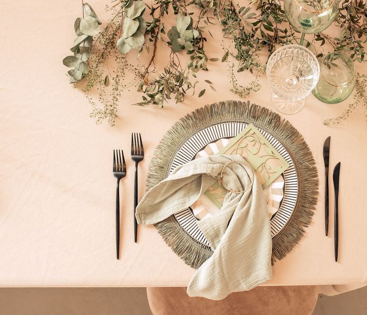 Fern-beige table setting at rectangular table