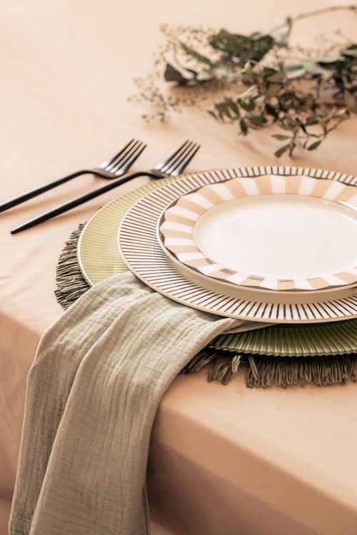 Fern-beige table setting at rectangular table