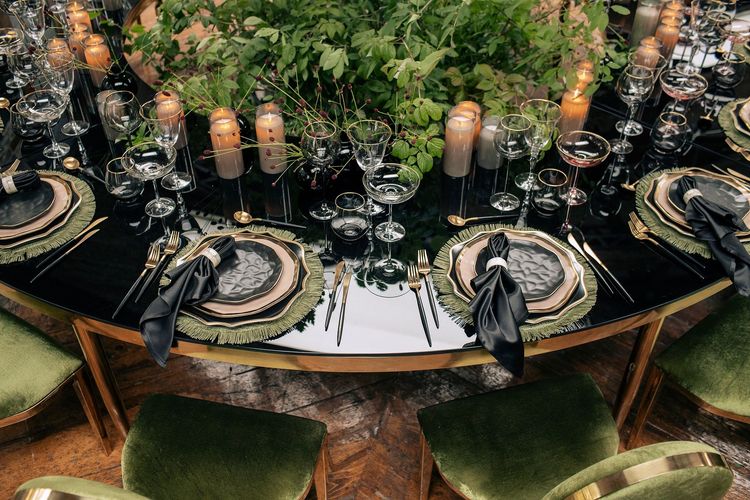 Forest table setting at large round table