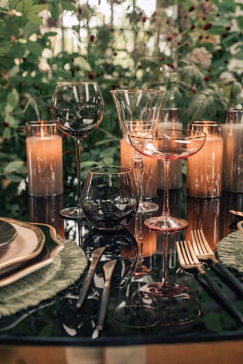 Forest table setting at large round table