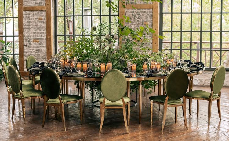 Forest table setting at large round table