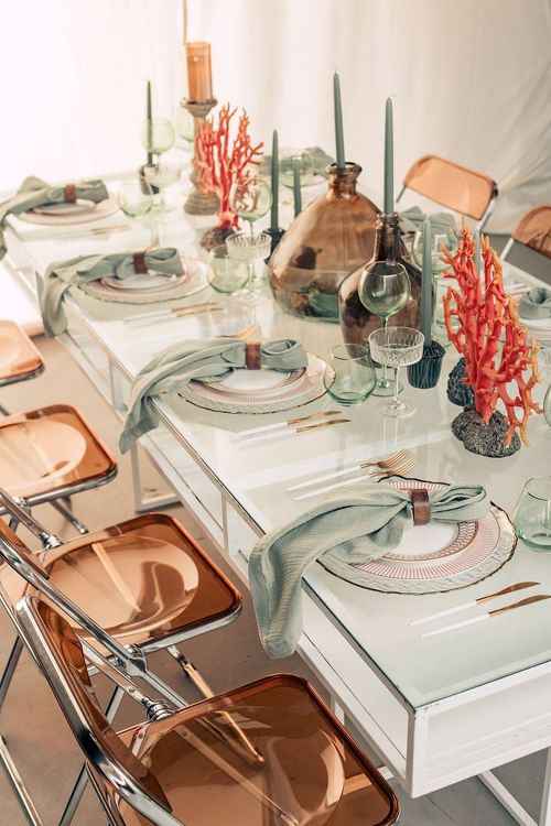 Glass rectangular table amber coral decor