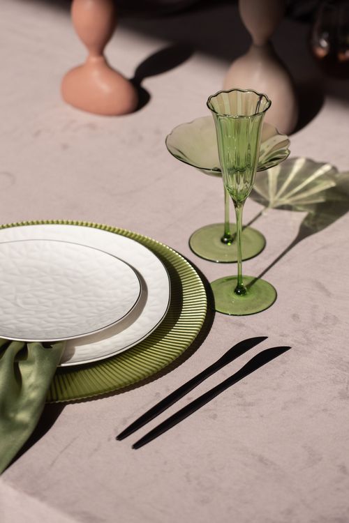 Green Bloom Glasses — Silver-Rimmed Bone China Plates