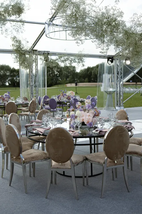Lavender & Beige Elegance at Round Glass Tables