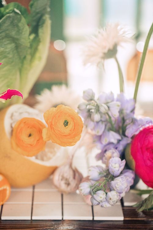 Modern Rectangular Table — Clear Chairs, Floral + Fruit