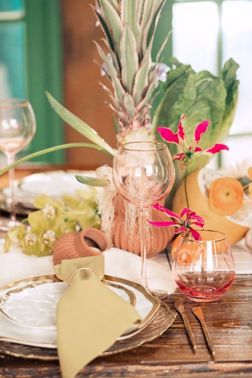 Modern Rectangular Table — Clear Chairs, Floral + Fruit