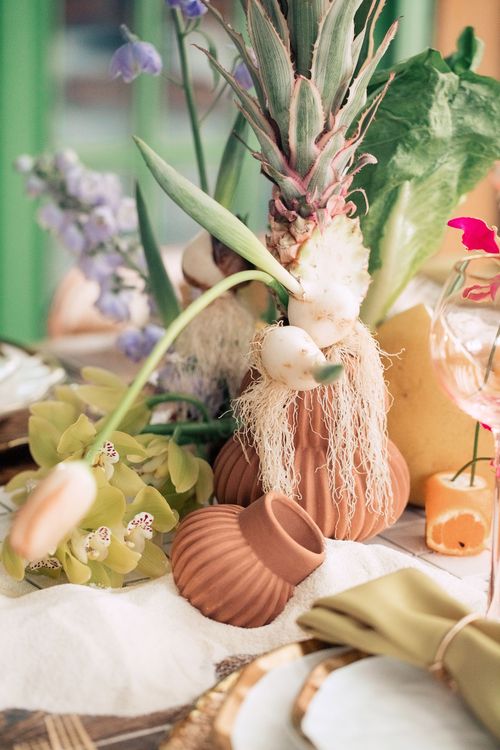 Modern Rectangular Table — Clear Chairs, Floral + Fruit