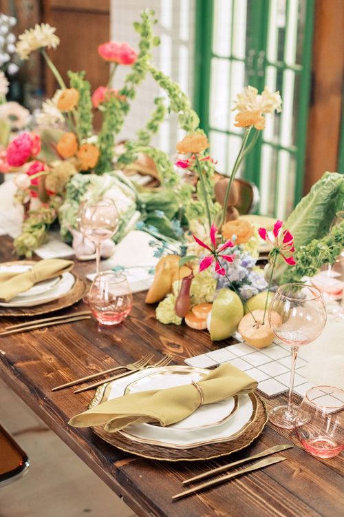 Modern Rectangular Table — Clear Chairs, Floral + Fruit