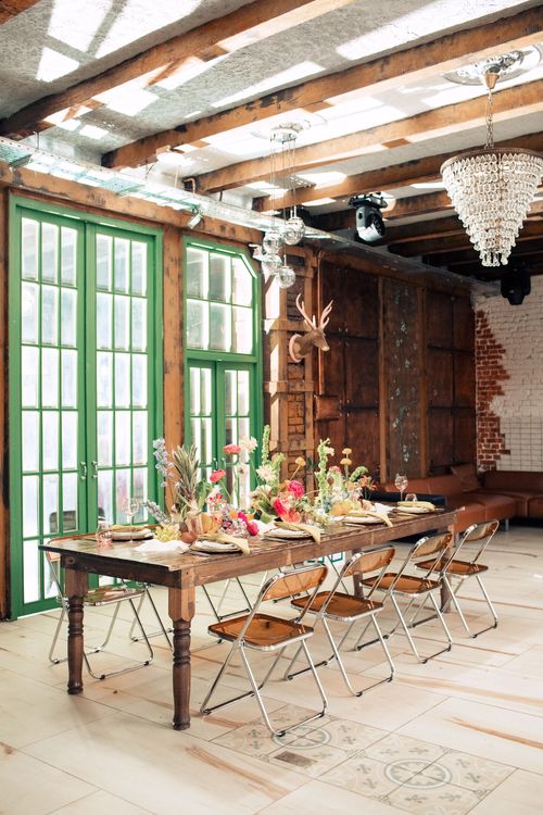 Modern Rectangular Table — Clear Chairs, Floral + Fruit