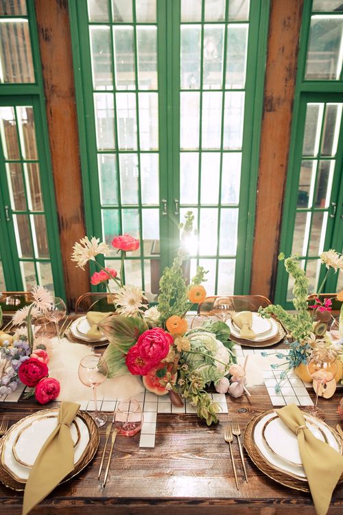 Modern Rectangular Table — Clear Chairs, Floral + Fruit