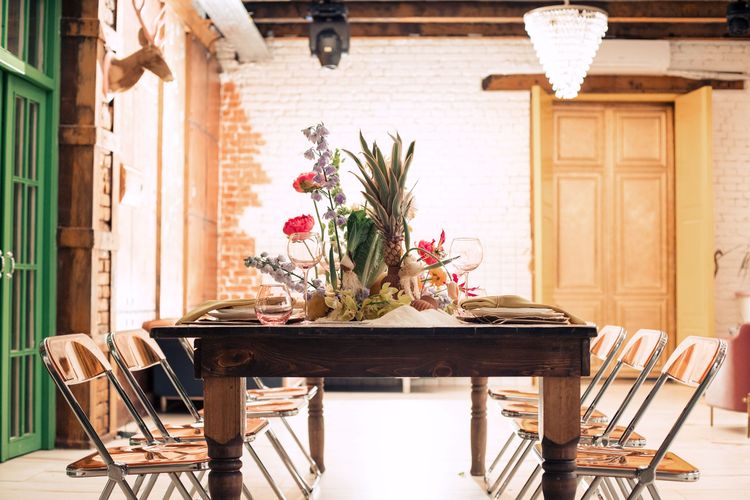 Modern Rectangular Table — Clear Chairs, Floral + Fruit