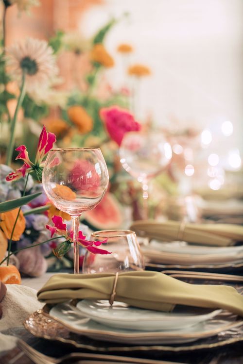Modern Rectangular Table — Clear Chairs, Floral + Fruit